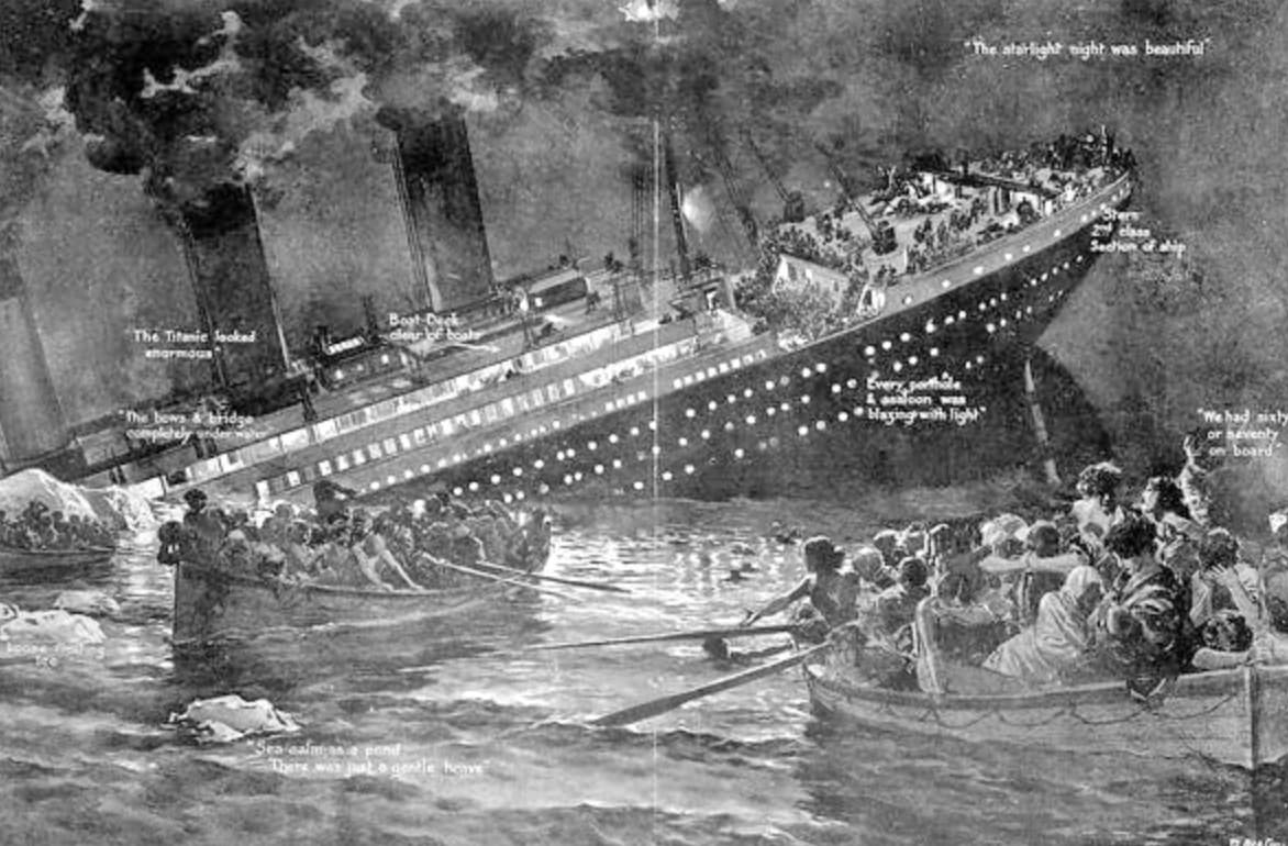 fortunino matania sinking titanic - The Titanic looked enormous BostDeck clear be The bows & brie Sea calman pond There was a gentle heave The atarlight night was beautiful Every porthale ascon was blaying with light "We had sixty Seventy board